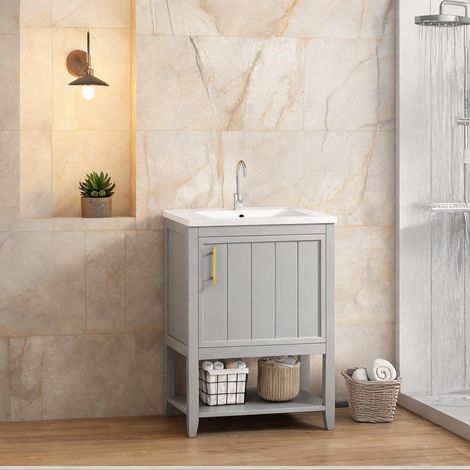 Meuble lavabo 60 cm gris ardoise avec vasque céramique en MDF (1/5)