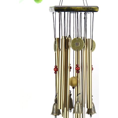 Carillon éolien décoratif en bois et tubes d'aluminium, idéal pour une maison, une porte, une fenêtre ou une terrasse. Forme d'éventail doré. (1/4)