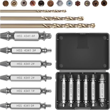 Flintronic 6 Pièces Extracteur De Vis, Embouts Extracteurs de vis Cassées, Extracteur de Vis Cassée à Doubletête, Fabriqué en Acier HSS 4341, pour Retirer Les Vis Coincées ou Cassées(Avec Foret) (1/5)