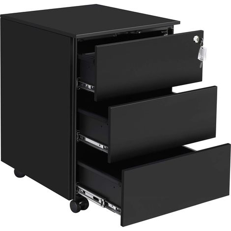 Songmics – Caisson de bureau mobile verrouillable avec 3 tiroirs – Rangement documents – Acier noir mat – Dimensions 39 x 45 x 55cm – OFC63BK (1/5)