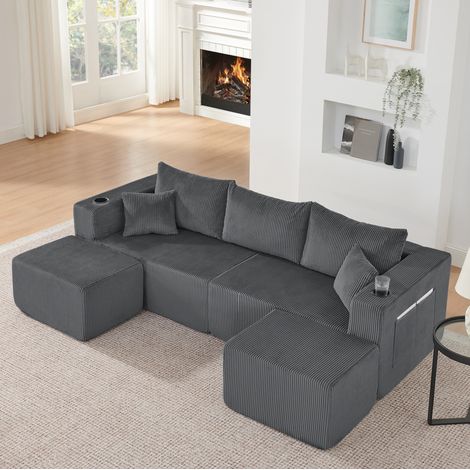 Modulares Ecksofa 230x138x75 cm aus grauem Cordstoff mit Stauraum – MEUBLIV (1/5)