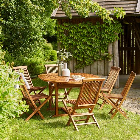 Berah Getah – Salon de jardin extensible 6/8 places en teck huilé massif – Table ronde avec rallonge papillon – Chaises pliantes pour extérieur