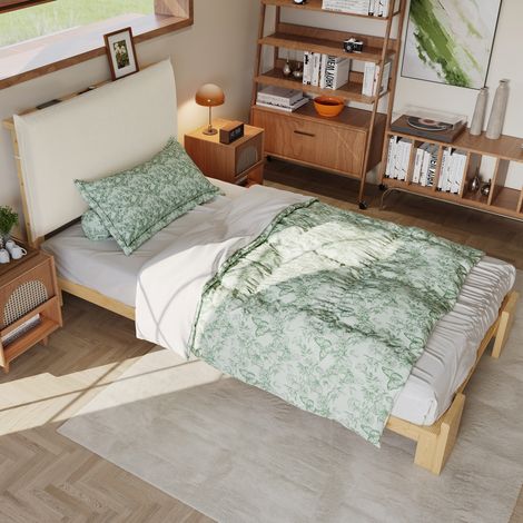 Einzelbett 90/200 cm Natur aus Kiefer und Stoff mit gepolsterter Rückenlehne (1/5)