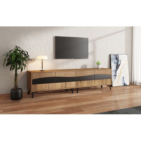 Mueble para TV de madera aglomerada natural y negro 180x40x50 cm, 4 puertas, 4 armarios, diseño simétrico para TV de 75 pulgadas (1/5)