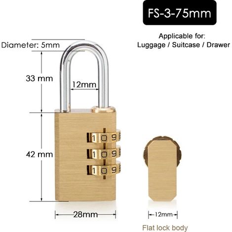 Cadenas de sécurité en laiton massif avec serrure à combinaison, adapté aux casiers, valises et tiroirs.