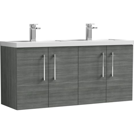 Balterley Bramshall 1200mm Wall Hung 4 Door Vanity Unit & Double Polymarble Basin for Modern Bathroom Storage - Anthracite Woodgrain
