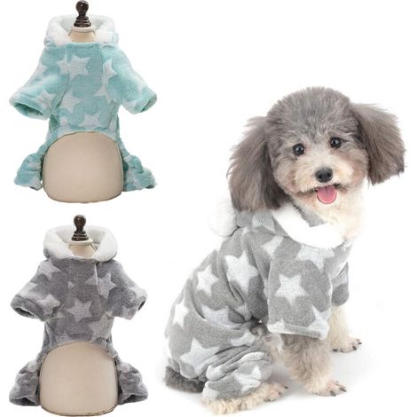 Lot de 2 pyjamas-combinaisons pour petits chiens, ensemble pyjama d'hiver en polaire avec capuche et veste/manteau pour les 4 pattes (vert + gris) (1/5)