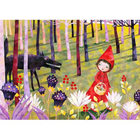 Tableau loup & chaperon rouge pour chambre enfant | Tableau multicolore pour chambre de fille | Tableau sur toile chambre bébé 0,7 x 0,5 m (1/2)