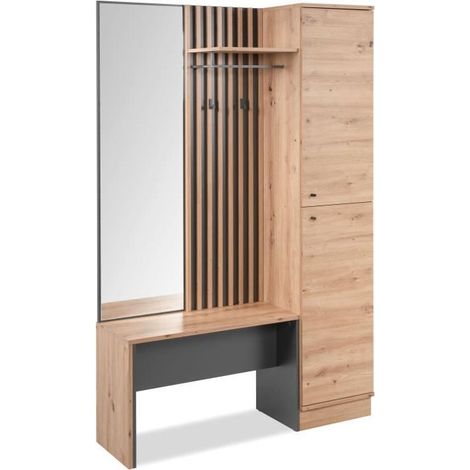 Vestiaire 1 porte 121,6x37x189,7 cm décor chêne – 5 étagères intérieures – Miroir et banc inclus – Finition anthracite