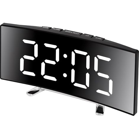 Réveil Numérique, Surface Miroir avec Luminosité Réglable Écran LED Incurvé Fonction Snooze 12/24 Heures Port de Charge Batterie pour Chambre à Coucher