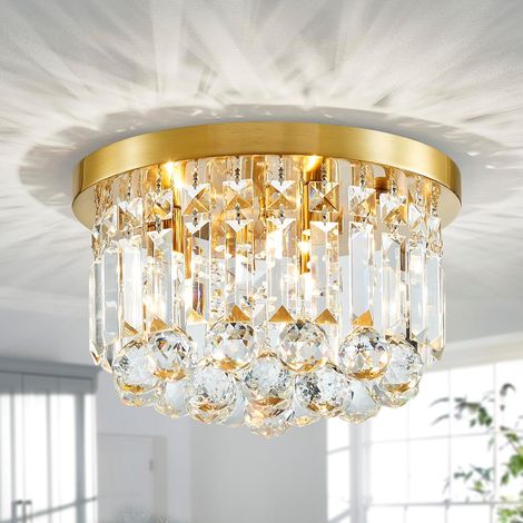 LUMINAIRE DE PLAFOND LIGHTING Lustre en cristal, style moderne, plafonnier semi-encastré parfait pour espace de vie, D30 x H24 cm, douille G93 ampoules, finition dorée (1/5)