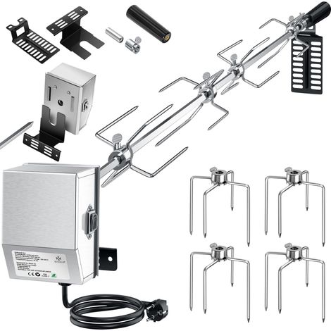 KESSER® Set di spiedini per barbecue in acciaio inox 107cm adatto per barbecue a gas Weber Spirit con 4X spine per carne Morsetto per carne BBQ maniglia e motore girarrosto argento (1/5)