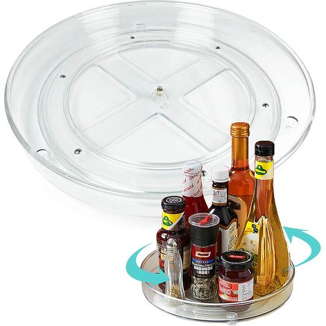 Organisateur d'armoire à plateau tournant, étagère à épices rotative de cuisine, étagère à condiments antidérapante, organisateur de plateau de rangement en plastique pour garde-manger (transparent) (1/2)