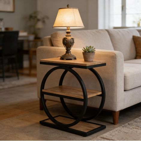 Tavolino laterale da divano 60 x 30 x 65 cm, 3 ripiani, nero e marrone, MDF e metallo, MEUBLIV (1/5)