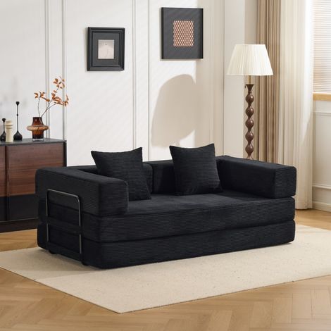 Canapé-lit de sol convertible velours côtelé noir, avec coussins dossier et accoudoirs, futon confortable salon chambre 185x92,5x60cm (1/5)