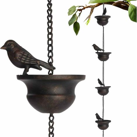 Pluie pour Gouttières, 2,4 Chaîne d'eau Pluie en Métal, Pluie avec Crochet et 8 Oiseaux pour évacuer l'eau, Attrape Pluie Jardin, Pluie pour Décoration Jardin (1/4)