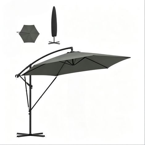Parasol déporté de jardin 310x310 cm, pivotant, inclinable et pliable avec housse, structure métal, gris foncé - CHICFURN (1/5)