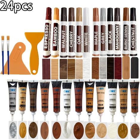Le kit de retouche de meubles comprend 24 pièces pour un usage familial, comprenant des outils de brosse et de grattoir, avec 24 couleurs de mastic