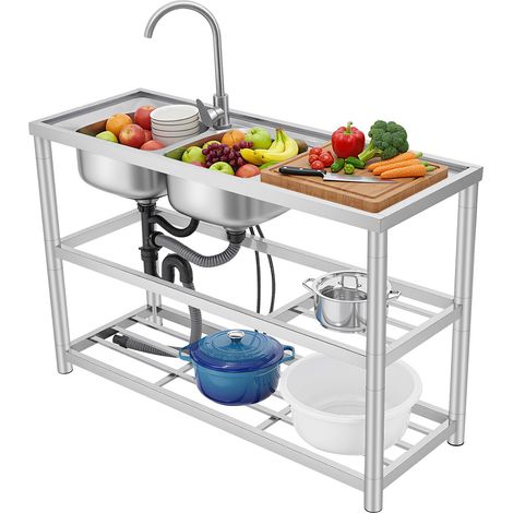 YISSALE -Outillage -Lave-vaisselle avec 2 bassins à droite, lave-vaisselle gastronomique, lavabo en acier inoxydable 120 x 80 cm (1/5)