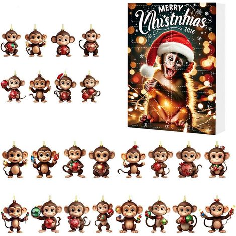 Calendrier de l'Avent de Noël, boîte surprise, pendentif singe dessin animé en acrylique, décoration pour sapin de Noël, coffret cadeau E (1/2)