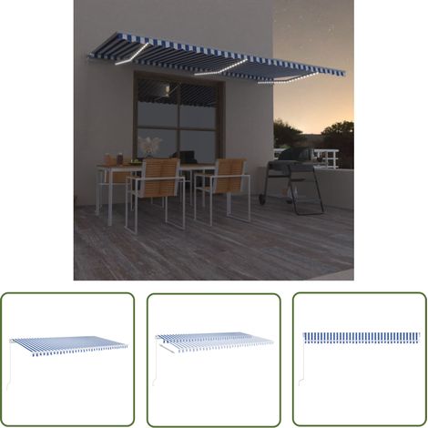 Auvent manuel rétractable avec LED,Marquise Anti-UV,Auvent facile à assembler 600x350 cm Bleu et blanc -FR17789 (1/5)