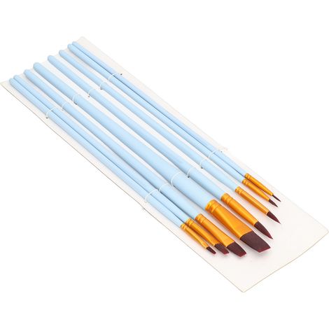 Ce set de 8 pinceaux comprend différentes pointes, des poils doux et convient à la peinture aquarelle, à l'huile et acrylique. Il est doté d'un manche bleu. (1/5)