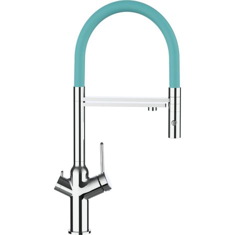 Rubinetto 3 vie miscelatore cucina cromato con canale separato per acqua filtrata, canna turchese movibile e doccia due getti staccabile - serie BOD (1/5)