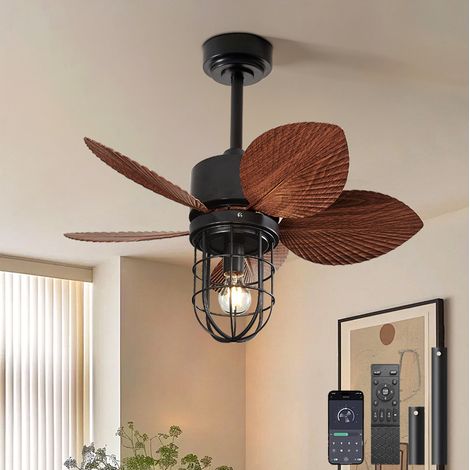 Ventilateur de plafond en métal de 70 cm, télécommande/contrôle APP, avec 2 tiges de suspension, 6 vitesses de vent, minuterie (sans ampoule)