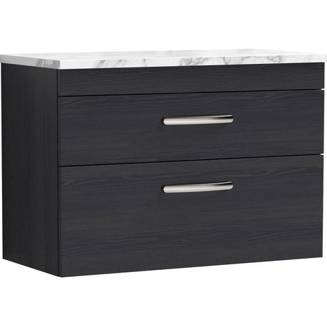 Millwich Contemporary 2 Drawer Wall Hung Vanity Unit with Laminate Carrara Marble Worktop, Charcoal Black, 800mm
