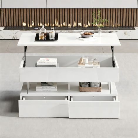 Mesa de centro MDF blanca 100 cm elevable con almacenaje oculto, 2 cajones y LED