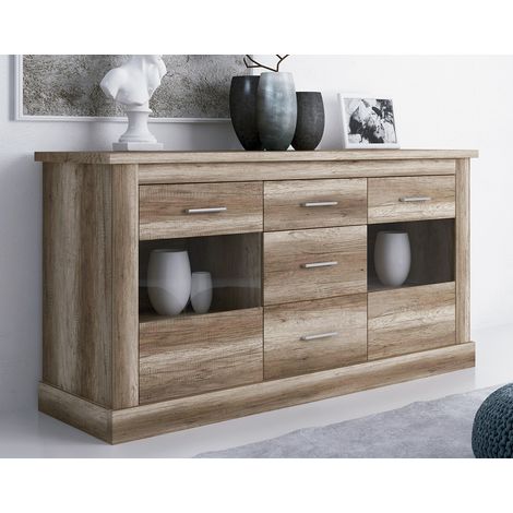 Buffet, Meuble de rangement coloris Chêne vieilli - Longueur 170 x Profondeur 49 x Hauteur 88 cm -PEGANE- (1/2)