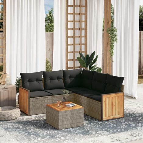 Ensemble Jardin 6 Places en Résine Tressée Grise avec Coussins Détachables et Table Acacia Salon d'Extérieur Modulaire avec Rangement Intégré et Sac Imperméable (1/3)