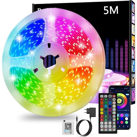 Ruban Led 5m, Led Chambre, Contrôlé par APP Bluetooth ou Télécommande 44 Touches, Synchroniser avec Rythme de Musique, RGB Bande LED Lumineuse pour Maison Décoration (1/5)