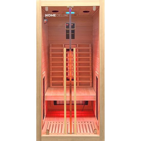 Home Deluxe – Cabine infrarouge SONORA S 90 x 90 x 190 cm – Pour 2 personnes – 4 émetteurs à spectre complet – Bois de sapin Hemlock – Radio Bluetooth (1/5)