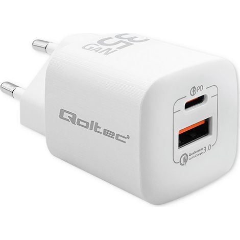 Caricabatterie da parete Qoltec 35W GaN ultra  5-20V  2,25-3A  1 x USB tipo C PD  1 x USB QC 3.0  Bianco (1/3)