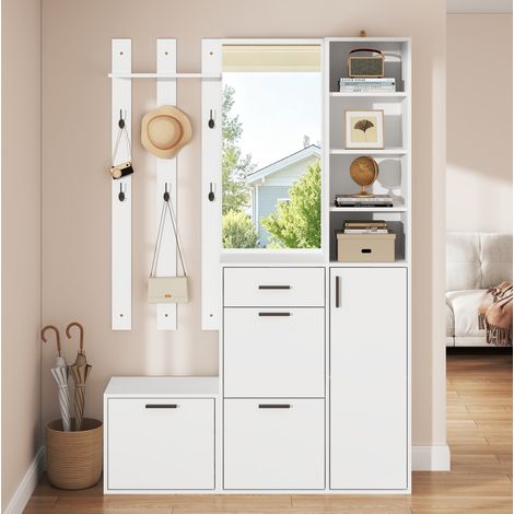 MEUBLIV Mueble recibidor blanco 120x30x178 cm con espejo, 3 zapateros y 6 ganchos (1/5)