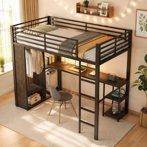 Hochbett (205x100x175 cm), mit Schreibtisch, LED-Lichtleiste, offenem Kleiderschrank, Metall und MDF, schwarz (1/5)