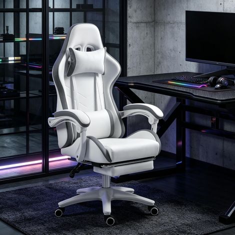 Chaise gaming ergonomique blanche en cuir régénéré, dossier inclinable à 135°, repose-pieds, appui-tête et soutien lombaire réglables, pour bureau – CHICFURN (1/5)