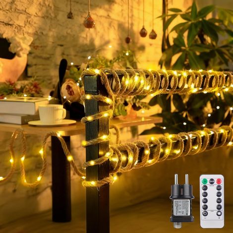 Guirlande lumineuse - 5 m - 100 LED - Corde de chanvre - 8 modes avec télécommande - Corde de chanvre - Guirlande lumineuse d'extérieur avec prise - Blanc chaud - Pour Noël, fête, mariage, jardin (1/5)