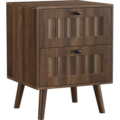 Table de chevet rétro à deux tiroirs, façade rainurée, bois foncé, pieds en bois, pour chambre et salon, meuble d'appoint pratique et élégant  CHICFURN (1/5)