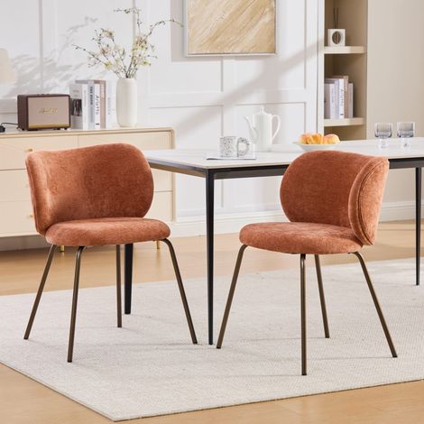 Lot de 2 chaises de salle à manger en chenille moderne – orange, dossier incurvé confortable, assise douce, pieds en métal bronze