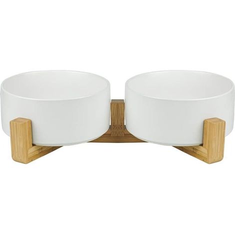 Blanc Pet Gamelles pour Chien et Chat Gamelles Chien Chat Céramique Support Bambou -Va au Lave-Vaisselle et Facile à Nettoyer (2 Bol)-Fei Yu (1/5)