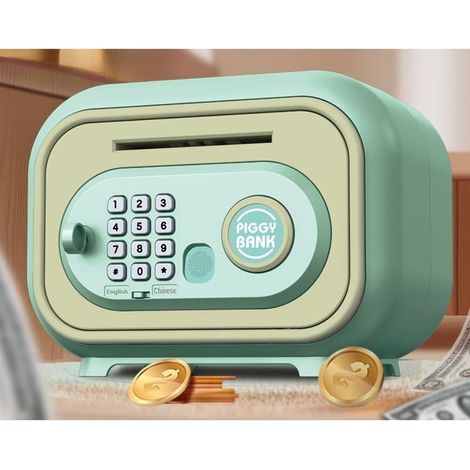 Nouvelle tirelire enfant verte avec empreinte digitale + clé, batterie rechargeable (tournevis inclus). (1/4)