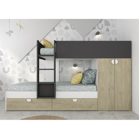 Etagenbett 263 8x107 4 cm Graphitschwarz  Eiche und Mattweiß mit Kleiderschrank - Varazze