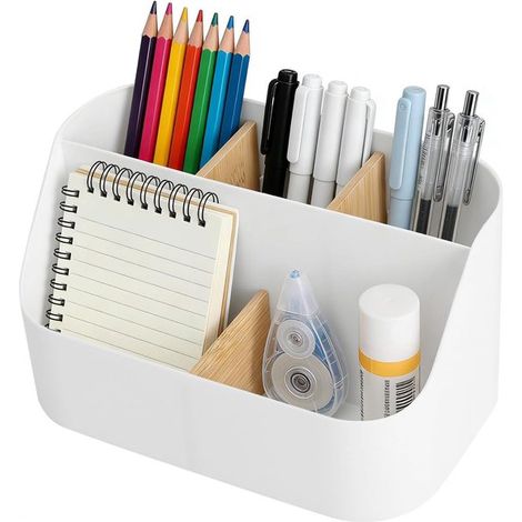 Organizador de escritorio con 5 compartimentos, Blanco y bambú, Separadores extraíbles, Portalápices multifuncional y organizador de maquillaje (1/5)