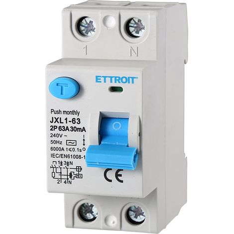 Ettroit – Disjoncteur unipolaire 63A – Courbe AC 30mA – Tension 230/240V – Pouvoir de coupure 6KA – Température d'emploi -5 à +40°C