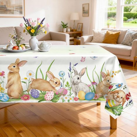 Ostern Tischdecke Rechteckig 152x213 cm mit Hasenmotiv, waschbar