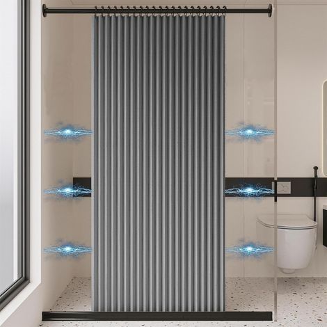 Rideau de douche pliable et imperméable, rideau de douche magnétique, rideau de douche en lin épais, non doublé, gris, 100 cm x 200 cm (1/5)