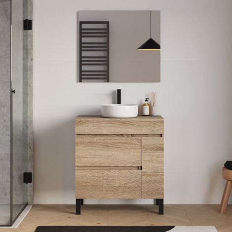 Meuble de salle de bain 80cm avec plateau et vasque à poser ronde - porte et tiroirs - cambrian (chêne clair) - LAZARO (1/5)