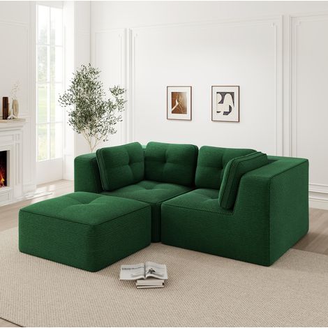 Divano angolare modulare a L 2 posti con pouf mobile, tessuto corduroy verde HAVRYA (1/5)